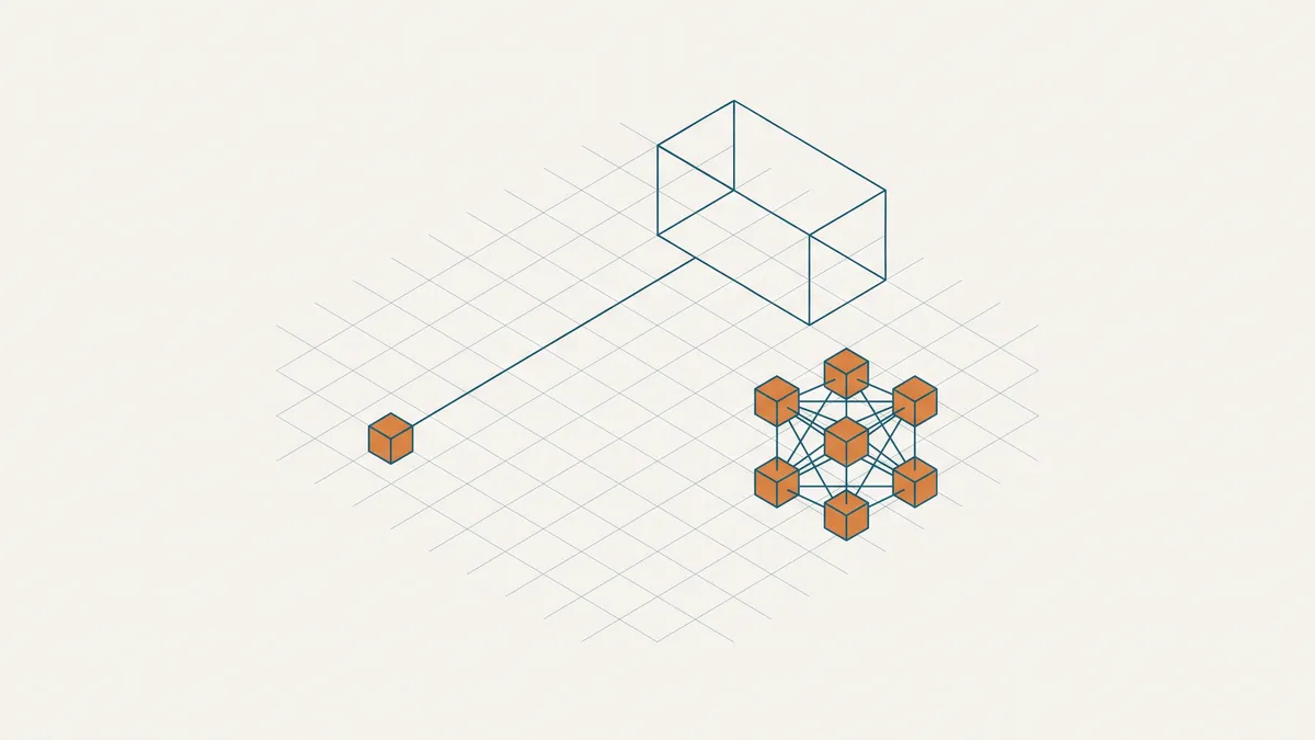 Abstrakte isometrische Illustration eines einzelnen freistehenden Knotens neben einem dicht vernetzten Cluster aus mehreren gleich großen Knoten.