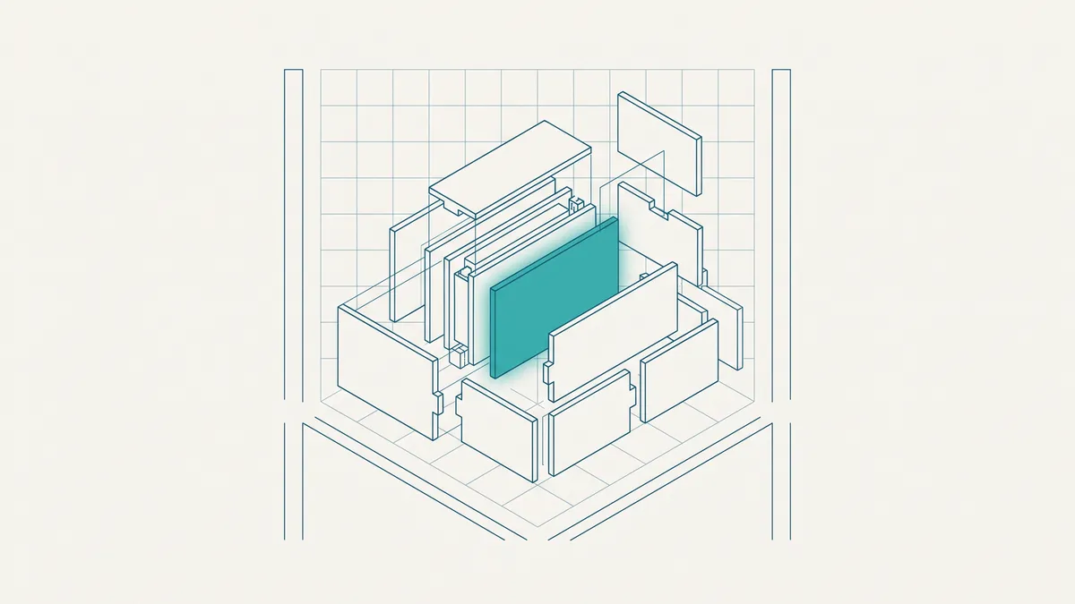 Abstrakte isometrische Illustration eines Stapels ineinandergreifender Paneele, die sich um ein zentrales, hervorgehobenes Panel herum zusammensetzen.