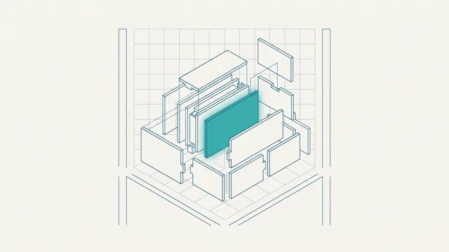 Abstrakte isometrische Illustration eines Stapels ineinandergreifender Paneele, die sich um ein zentrales, hervorgehobenes Panel herum zusammensetzen.