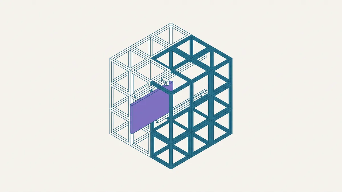 Abstrakte isometrische Illustration einer gerasterten Blockstruktur, in der ein einzelner Abschnitt gerade gegen ein neues Panel ausgetauscht wird, während die umgebende Struktur stehen bleibt.