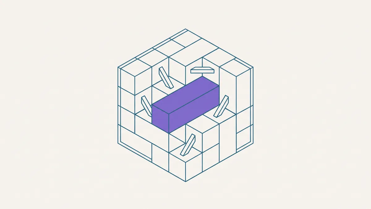 Abstrakte isometrische Illustration eines kompakten Blockclusters, der von innen mit zusätzlichen Streben verstärkt wird, während seine äußere Form unverändert bleibt.