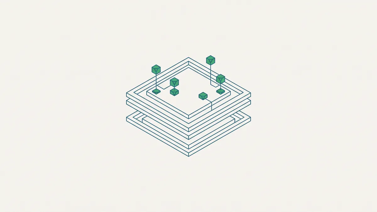 Abstrakte isometrische Illustration einer geschichteten Plattform, auf der mehrere kleine, unabhängige Knotenpunkte frei stehen.