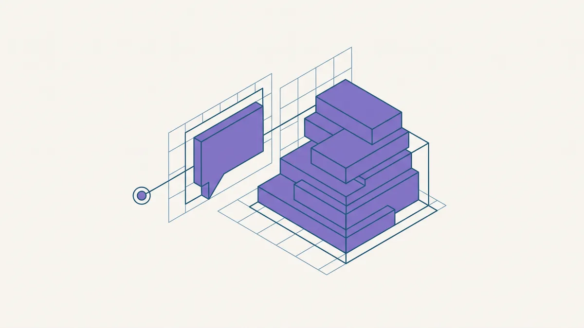 Abstrakte isometrische Illustration eines sprechenden Knotenpunkts, aus dem ein wachsender Codeblock entsteht.
