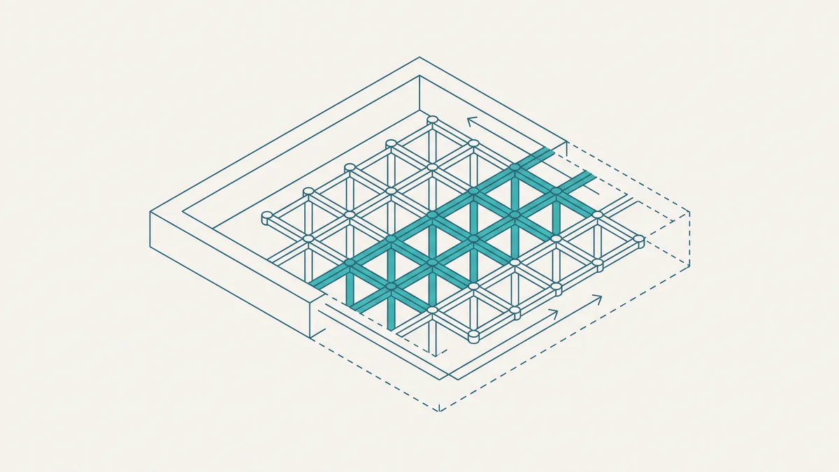 Abstrakte isometrische Illustration eines großen Rahmens, der neu gezeichnet wird, während eine kleinere Gitterstruktur im Inneren unverändert in den neuen Rahmen übergeht.