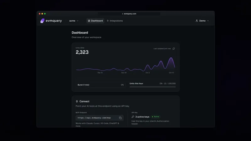 Das evmquery Dashboard mit dem Verbrauch der letzten 30 Tage und dem MCP-Endpunkt