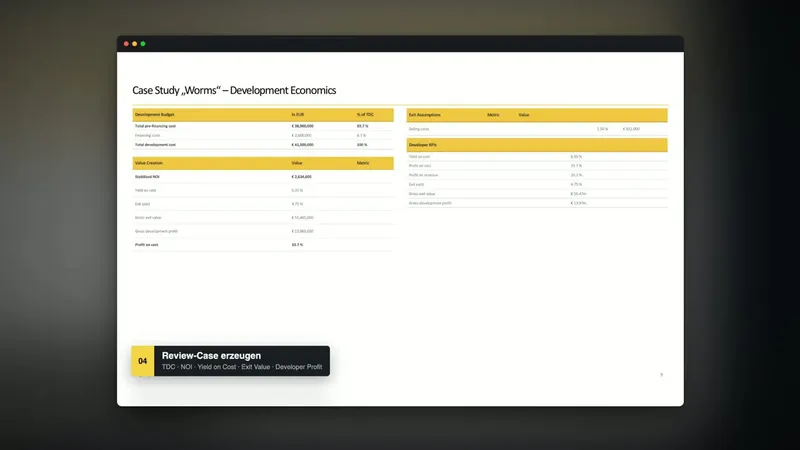 Die Folie Development Economics eines Logistik-Cases mit Entwicklungsbudget, Wertschöpfung und Developer-Kennzahlen